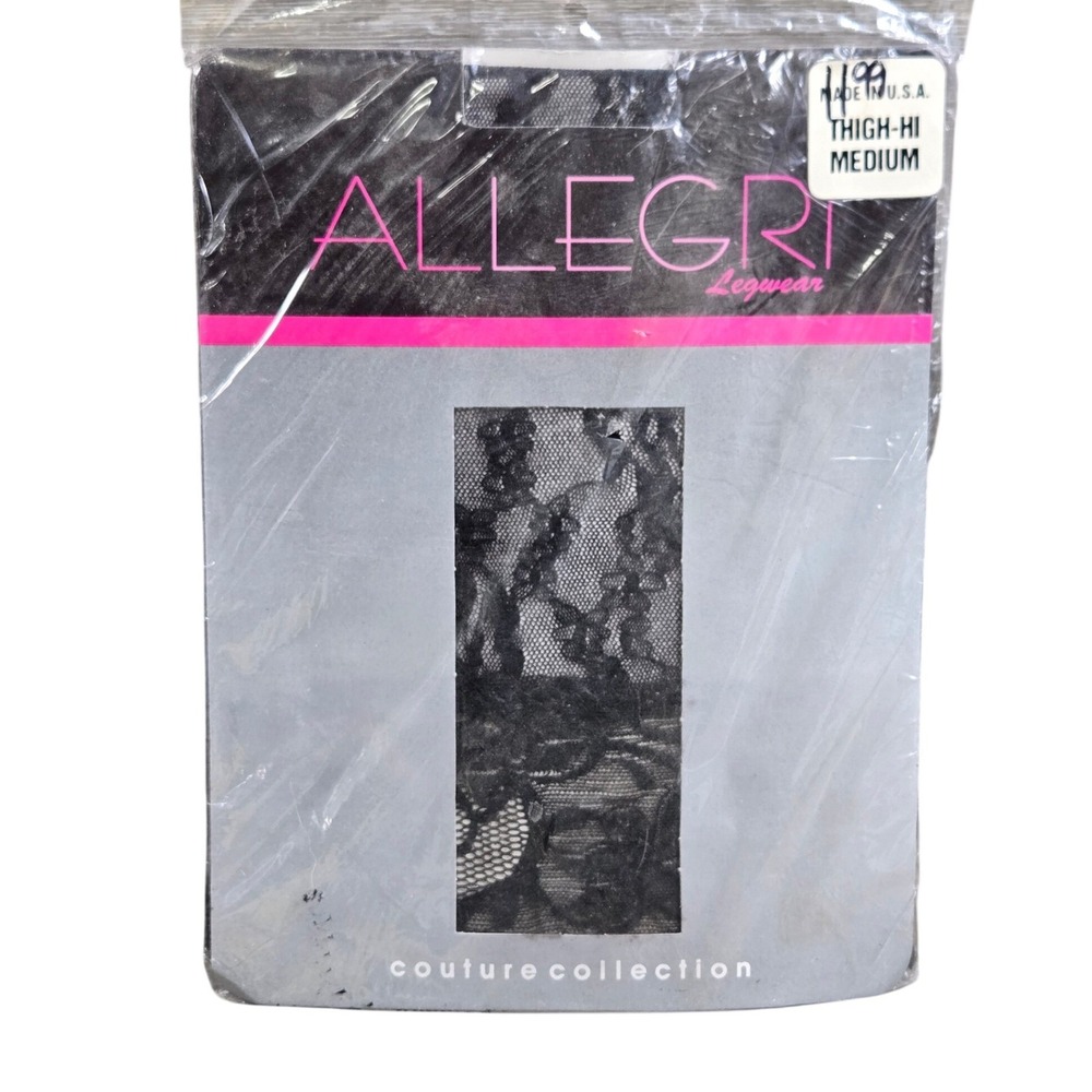 Allegri‎ JD-02 Thigh-Hi Stockings Womens Medium Black Floral Lace Made in USA